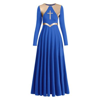 Liturgical Praise Dance Worship Maxi Cross Dresses for Women Gold Metallic Lyrical Dancewear Loose Fit Full Length Robe Swing Gown Ruffle Tunic Circle Costume Church Praisewear Royal Blue&Cross 2XL