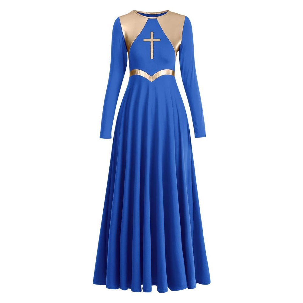 Liturgical Praise Dance Worship Maxi Cross Dresses for Women Gold Metallic Lyrical Dancewear Loose Fit Full Length Robe Swing Gown Ruffle Tunic Circle Costume Church Praisewear Royal Blue&Cross 2XL
