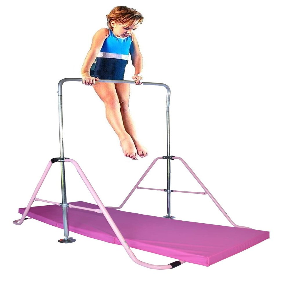 Athletic Bar Kids Gymnastics Bar Horizontal Kip Bar + 2x6 Tri Fold Mat Junior Training Adjustable Expandable Height Jungle Gym Monkey Bars Climb Tower Playground Gymnasts + Stretch Band (Pink)