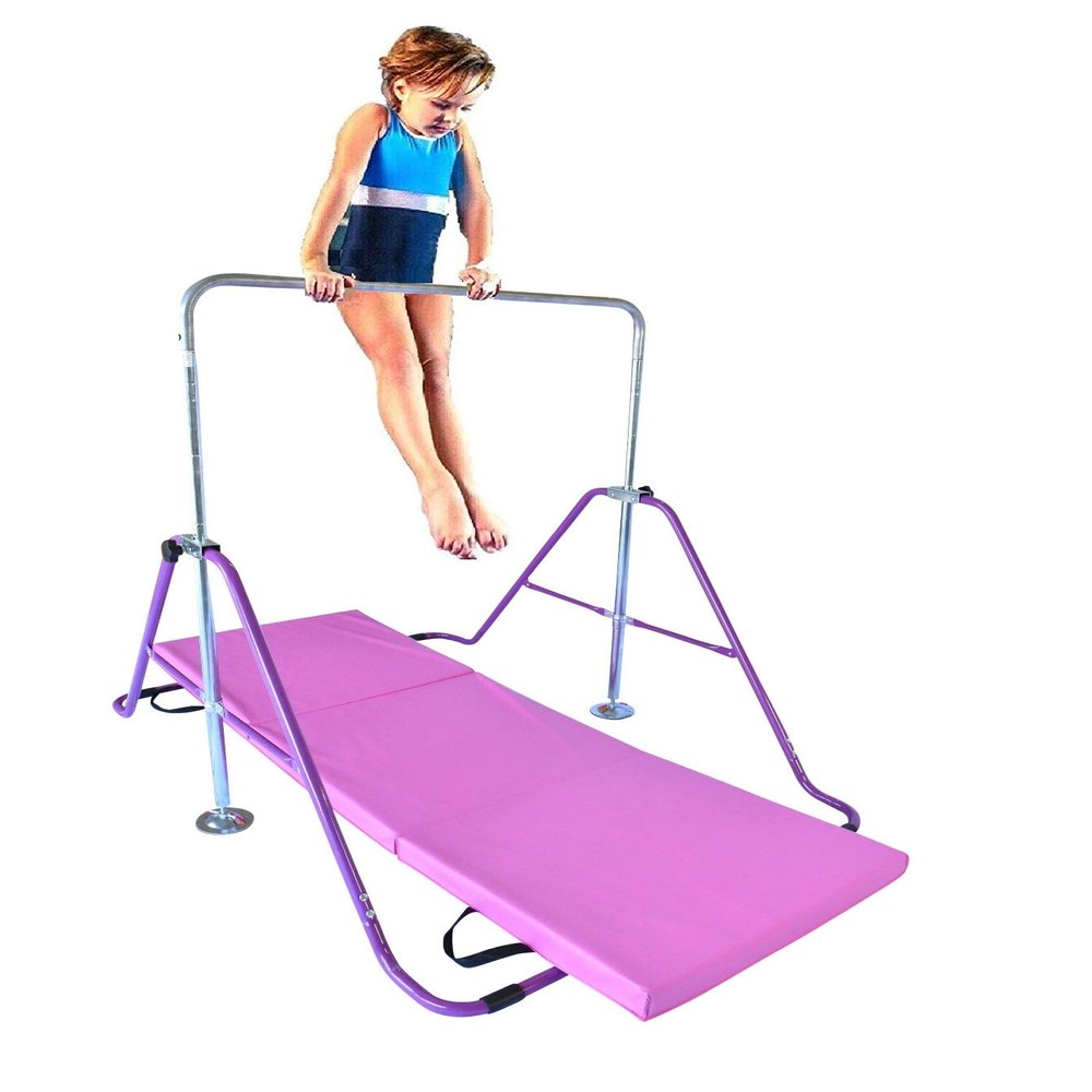 Athletic Bar Gymnastics Bar Horizontal Kip Bar + 2x6 Tri Fold Mat Junior Training Adjustable Expandable Height Jungle Gym Children Monkey Bars Climb Tower Playground Gymnasts + Stretch Band (Purple)