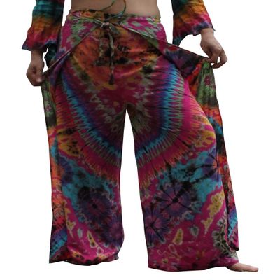 RaanPahMuang Tie Dyed Rayon Drive in Wrap Panel Tied Long Pants, Large, Wild Pink