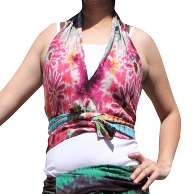 Full Funk Ladies Rayon Tie Dyed Halter Crop Top Bikini Beach Shirt, Medium, Cyclamen Pink