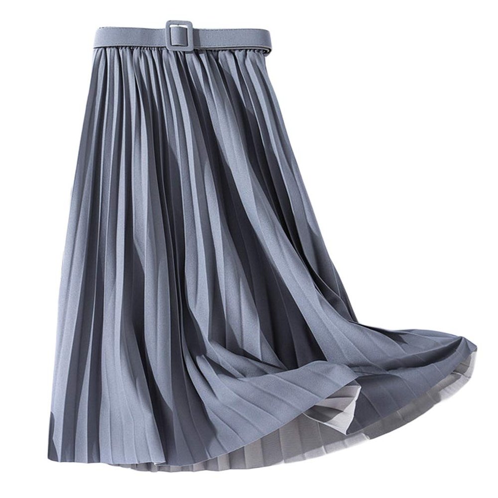 GGUHHU Womens Elegant Belted A-Line Pleated Skirts Long Flared Accordion Skirt (One Size, Grey)