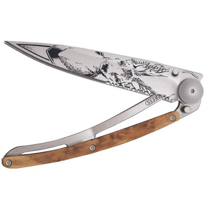 deejo - 37G Serrated Folding Pocket Knife with Belt Clip - Deer Design, 3.7-Inch Stainless Steel Blade, Juniper Wood Handle - Lightweight Everyday Carry for Home, Work, and Outdoor Use
