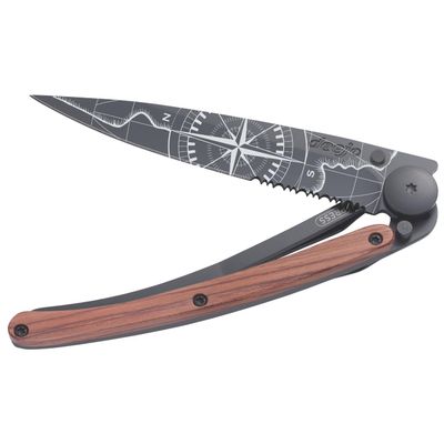 deejo - 37G Serrated Folding Pocket Knife with Belt Clip - Terra Incognita Design, 3.7-Inch Stainless Steel Blade, Black Titanium Finish, Coral Handle - Lightweight EDC for Home, Work, Outdoor Use