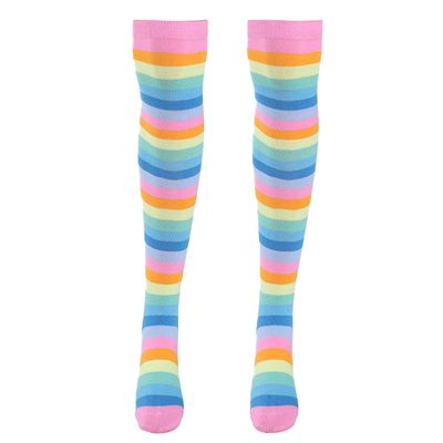 YOOJIA Women Colorful Rainbow Striped Thigh High Socks and Arm Warmer Fingerless Gloves Set for Halloween Cosplay Costume Pink Socks One Size