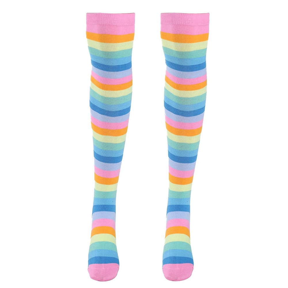 YOOJIA Women Colorful Rainbow Striped Thigh High Socks and Arm Warmer Fingerless Gloves Set for Halloween Cosplay Costume Pink Socks One Size
