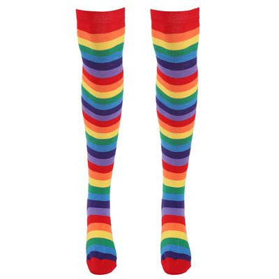 YOOJIA Women Colorful Rainbow Striped Thigh High Socks and Arm Warmer Fingerless Gloves Set for Halloween Cosplay Costume Red Socks One Size