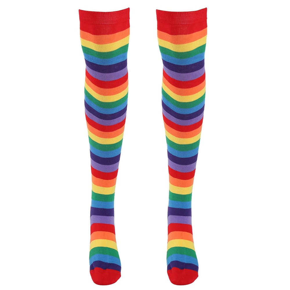 YOOJIA Women Colorful Rainbow Striped Thigh High Socks and Arm Warmer Fingerless Gloves Set for Halloween Cosplay Costume Red Socks One Size