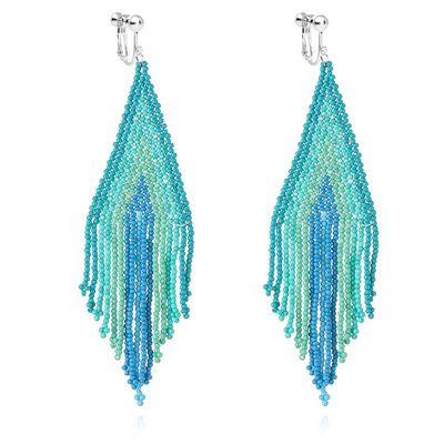 Clip on Dangling Earrings Bohemian Seed Beaded Long Tassel Boho Women Drop Statement Rainbow Blue