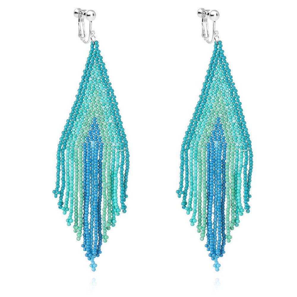 Clip on Dangling Earrings Bohemian Seed Beaded Long Tassel Boho Women Drop Statement Rainbow Blue