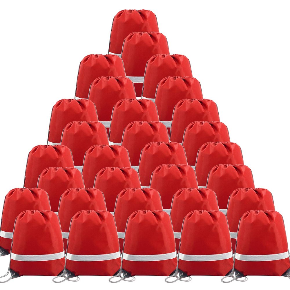 BeeGreen 30 Pieces Red Drawstring Bags Bulk String Backpacks, Cinch Sacks for Gym Sport Trip, Reflective Strips DIY for Women and Men