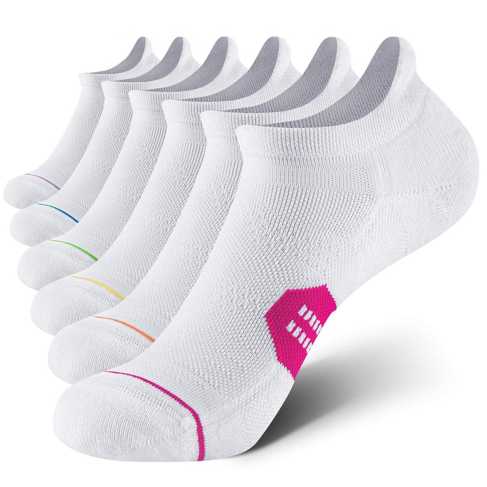 CS CELERSPORT 6 Pack Women's Ankle Running Socks Cushioned Low Cut Tab Athletic Socks, White Mixed, Medium