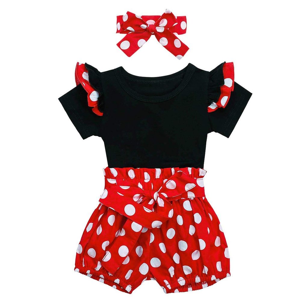 Baby Girls Ruffle Flutter Sleeves Romper Bodysuit + Polka Dots Shorts Pants Set with Headband First Birthday Christmas Outfit Summer Clothes for Cake Smash Photo Shoot Party Black + Red 0-3 Months