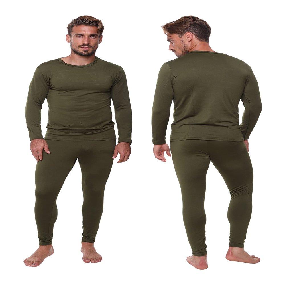 Men Thermal Underwear Long John Set for Cold Weather Mens 2 pc Long Sleeve Top and Pants Fleece Lined Base Layer Thermals Olive Green-2X-Large