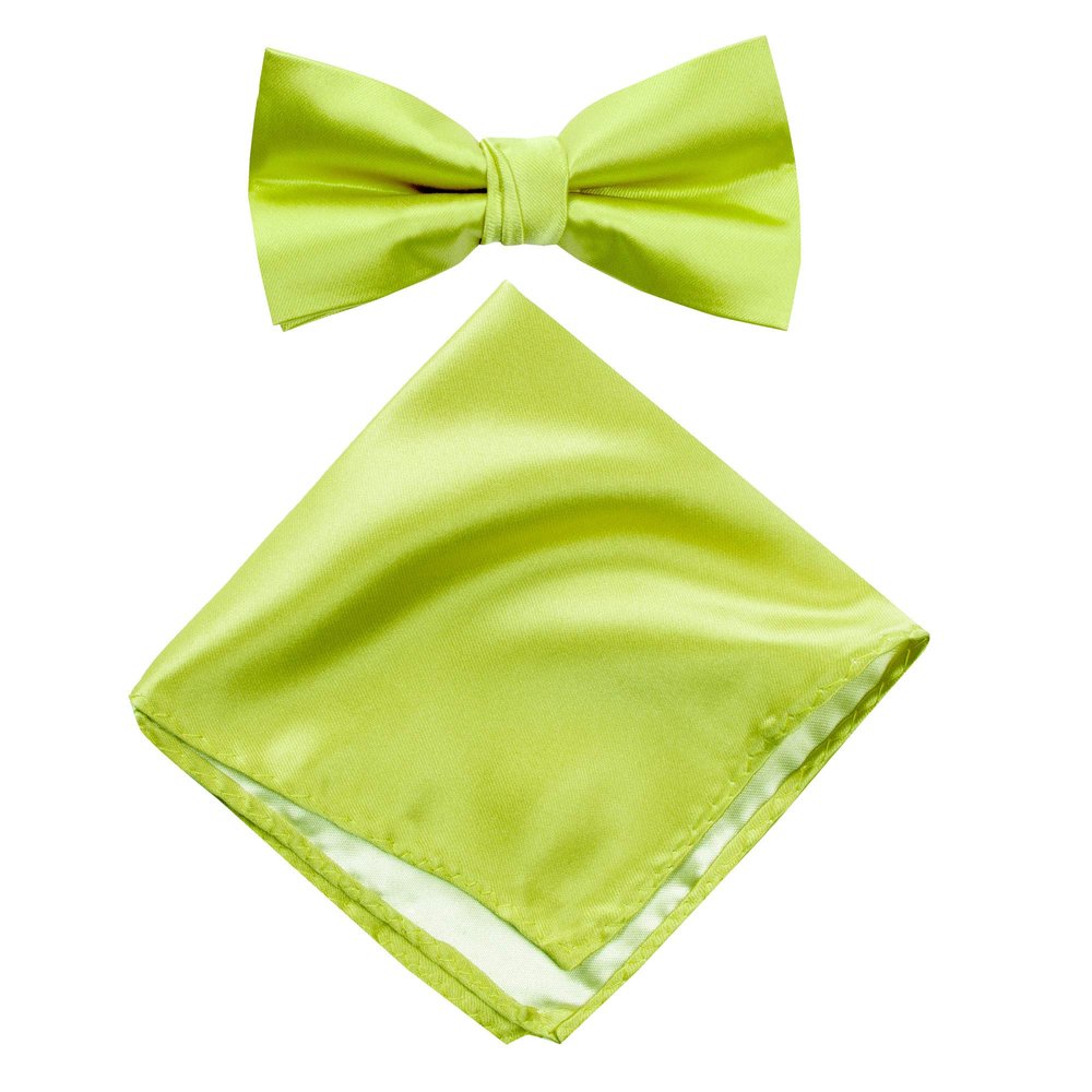Spring Notion Men's Solid Color Satin Microfiber Bow Tie and Hankerchief Set Lime