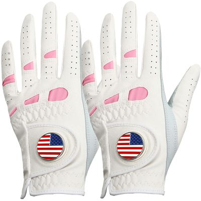 Amy Sport Women's Golf Gloves Left Hand Right with Ball Marker Value 2 Pack, All Weather Grip Rain Soft Leather Pink Size Small Medium Large XL (2 Pack-Worn on Right Hand, Small)