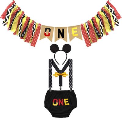 FMYFWY Baby Boys 1st Birthday Cake Smash Photo Props 5Pcs Outfits ONE Bloomers Suspenders Bowtie Headband Highchair Banner Black 12-18M