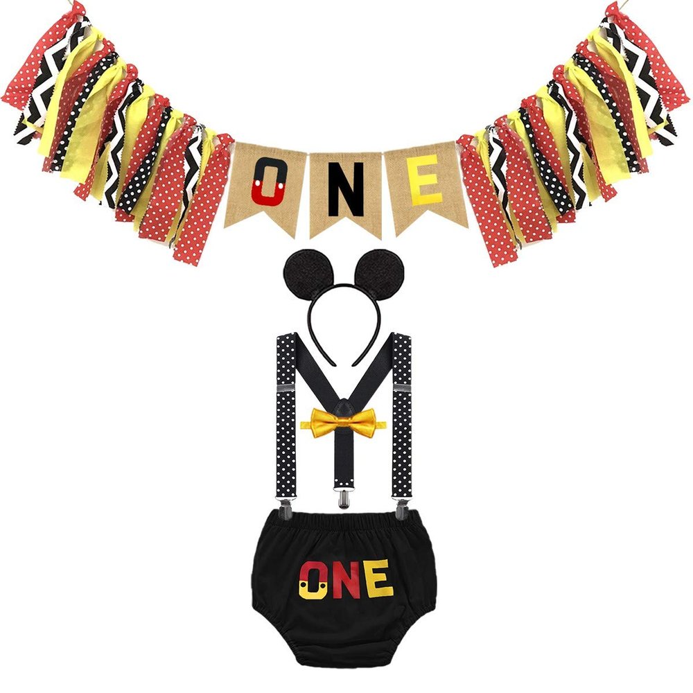 FMYFWY Baby Boys 1st Birthday Cake Smash Photo Props 5Pcs Outfits ONE Bloomers Suspenders Bowtie Headband Highchair Banner Black 12-18M