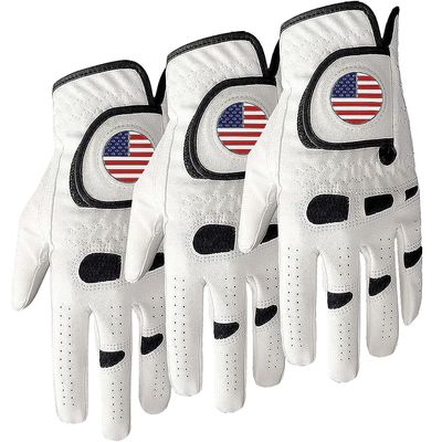 Amy Sport Golf Gloves Men Left Hand Right with Ball Marker USA Flag 3 Pack Soft Leather Grip Mens Glove S M ML L XL XXL 3XL (3 Pack-White, Cadet M, Worn on Left Hand(Right Handed Golfer))