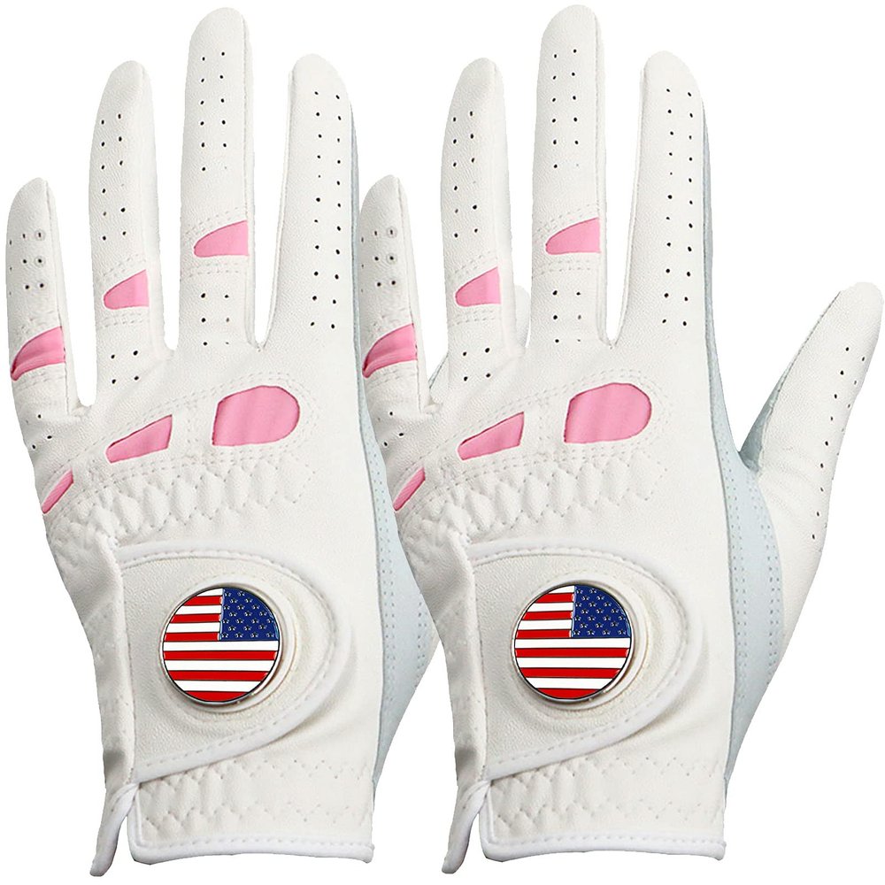 Amy Sport Women's Golf Gloves Left Hand Right with Ball Marker Value 2 Pack, All Weather Grip Rain Soft Leather Pink Size Small Medium Large XL (2 Pack-Worn on Left Hand, X-Large)
