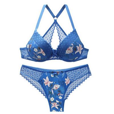 Swbreety Womens Sexy Lace Bra and Thong Set Push Up T Back Strap Bra Lingerie Set Blue