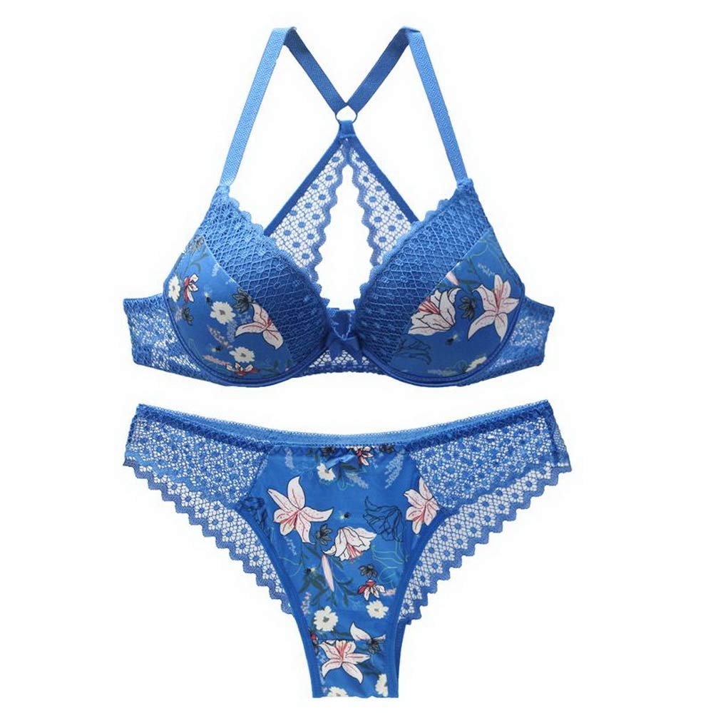 Swbreety Womens Sexy Lace Bra and Thong Set Push Up T Back Strap Bra Lingerie Set Blue