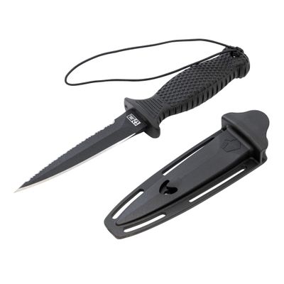 JBL Spearguns The Shiv X Dive Knife for Freediving, Spearfishing, Diving, Non-Slip Rubber Handle, Stainless Steel, Molded Sheath, Survival Hunting Knife, 4.5 Inch Double Edge Blade