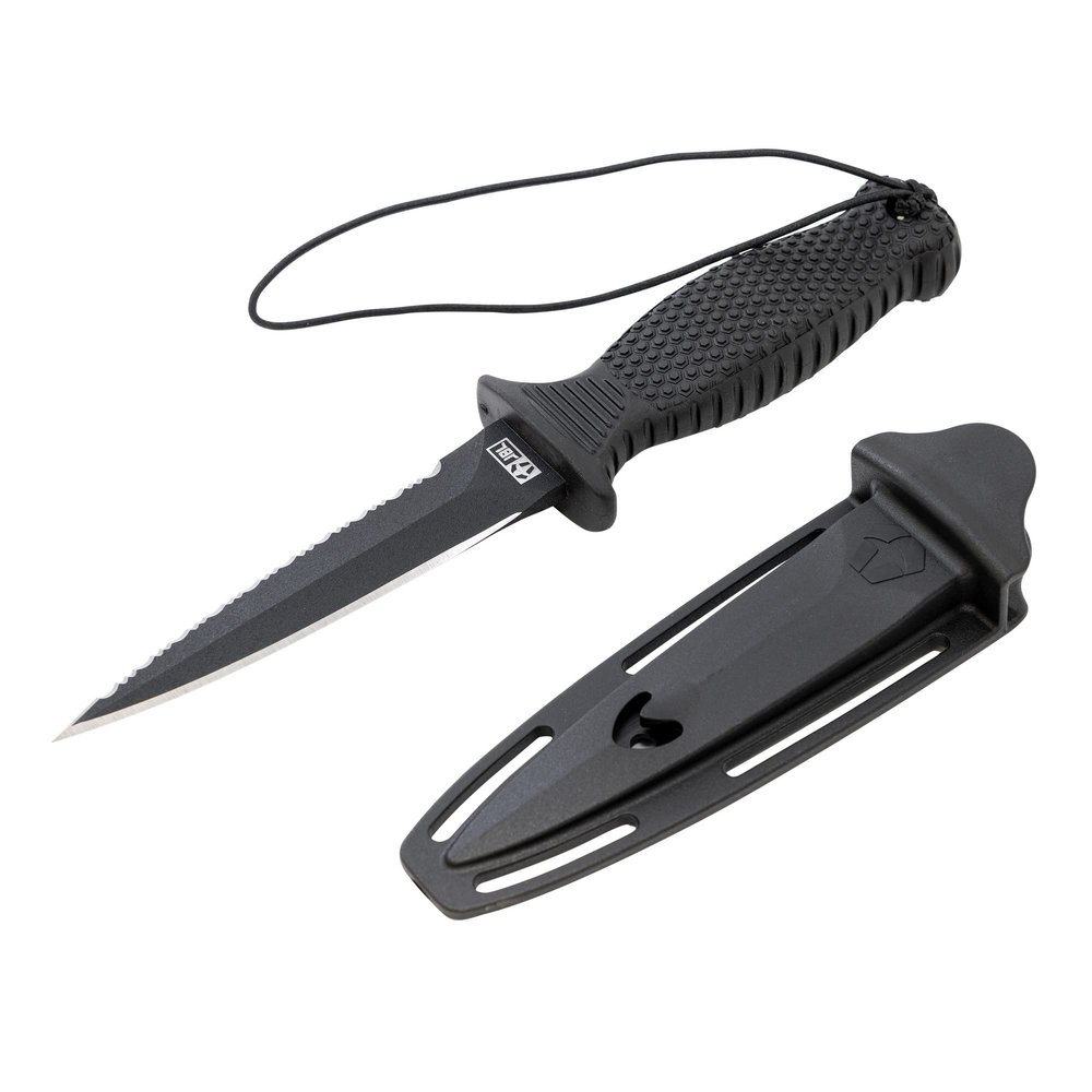 JBL Spearguns The Shiv X Dive Knife for Freediving, Spearfishing, Diving, Non-Slip Rubber Handle, Stainless Steel, Molded Sheath, Survival Hunting Knife, 4.5 Inch Double Edge Blade