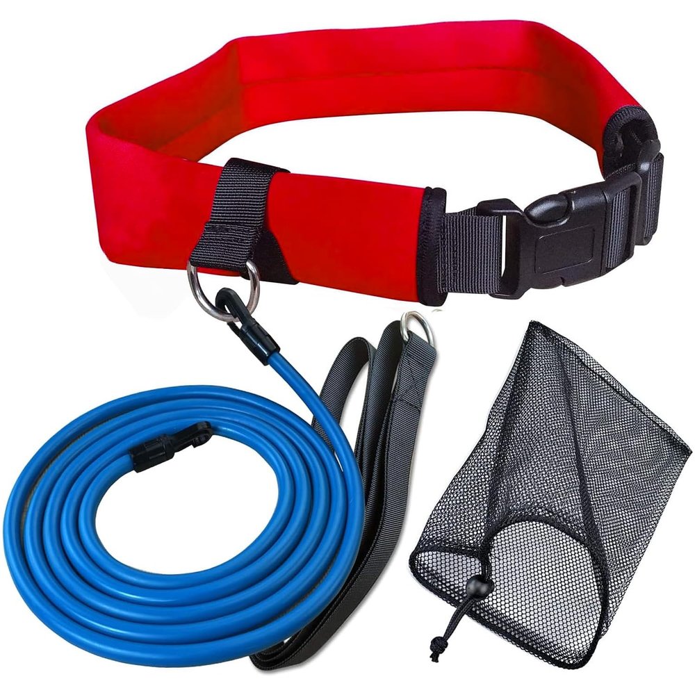 UCEDER Swim Belt Swim Training Belt with 2.2M Bungee Cord Adjustable Swim Tether for Swim in Place Swimming Pool Trainer Belt for Stationary Harness Aquatic Resistance Water Exercise (Red)