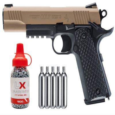 Umarex Colt M45 CQBP Metal Slide Air Pistol .177 BB CO2 Airgun Semi Auto Blowback with 5X 12gr CO2 Tanks and Wearable4U Pack of 1500 4.5mm (.177) Steel Umarex Precision BBS Bundle