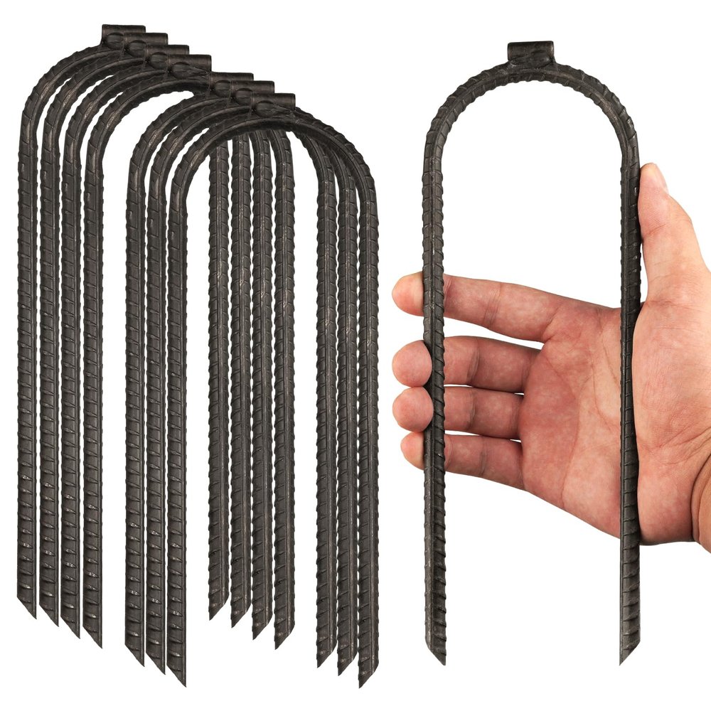 Extra-Large 10"x3" Heavy Rebar Trampoline Wind Stakes Safety Ground Anchor - Duty Steel U Stake - Black
