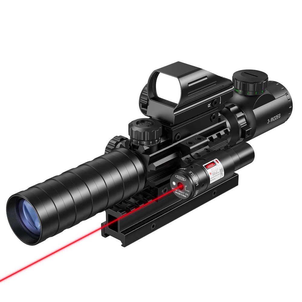 MidTen 3-9x32 4-in-1 Scope Combo with Dual Illuminated Scope Optics & 4 Holographic Reticle Red/Green Dot Sight & IIIA/2MW Laser Sight Rangefinder Illuminated Sight & 20mm Mount