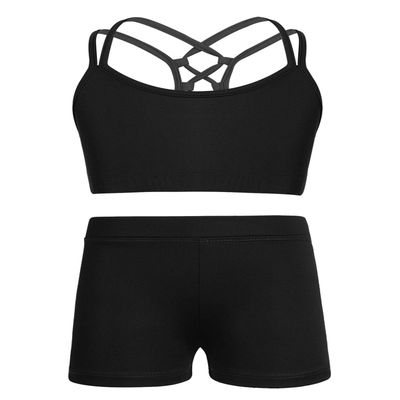 ACSUSS Kids Girls 2-Pieces Dance Sports Clothes Set Strappy Crop Tops Gym Yoga Bras and Shorts Bottoms Dance Outfits Black 12