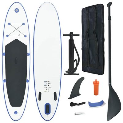 vidaXL Inflatable Stand Up Paddle Board Set with Oar, Removable Fin, Hand Pump, and Carrying Bag - SUP Surfboard for Recreational Paddling and Small Wave Riding - Blue and White