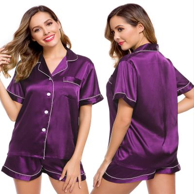 LecGee Womens Pajamas Set Silk Satin Sleepwear Short Sleeve Nightwear Button Down Pj Lounge