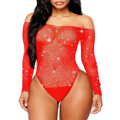 Abberrki Women Sexy Mesh Bodysuit Fishnet Sparkle Rhinestone Teddy Lingerie Halloween Rave Sheer Outfit (Red)