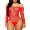 Abberrki Women Sexy Mesh Bodysuit Fishnet Sparkle Rhinestone Teddy Lingerie Halloween Rave Sheer Outfit (Red) view 1