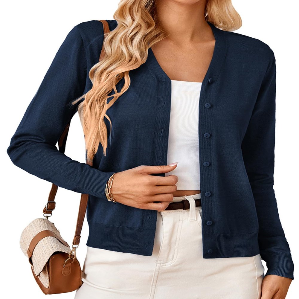 GRACE KARIN Women's Long Sleeve Cardigan Sweater Button Down Cardigan V Neck Stretchy Outwear Midnight Blue S