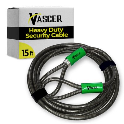 Vascer Heavy Duty Security Cable with Loops - 15 Feet (3/8") Bike Cable Lock Cut Resistant with Braided Steel and Vinyl Coating -Security Chain Lock for Bicycle, Boat, Ladder, Gate, Mower & Equipment