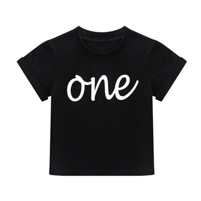 ACSUSS Infant Baby's Cotton Short Sleeves T-Shirt Tops Tees Boys Girls Letter One Print First Birthday Party Shirt Black 6-12 Months
