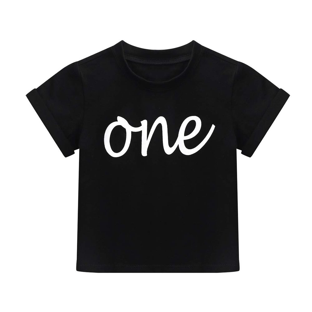 ACSUSS Infant Baby's Cotton Short Sleeves T-Shirt Tops Tees Boys Girls Letter One Print First Birthday Party Shirt Black 6-12 Months
