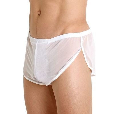 Mens Mesh Shorts See Through with Large Split Sides Sexy Sheer Boxers Underwear White L