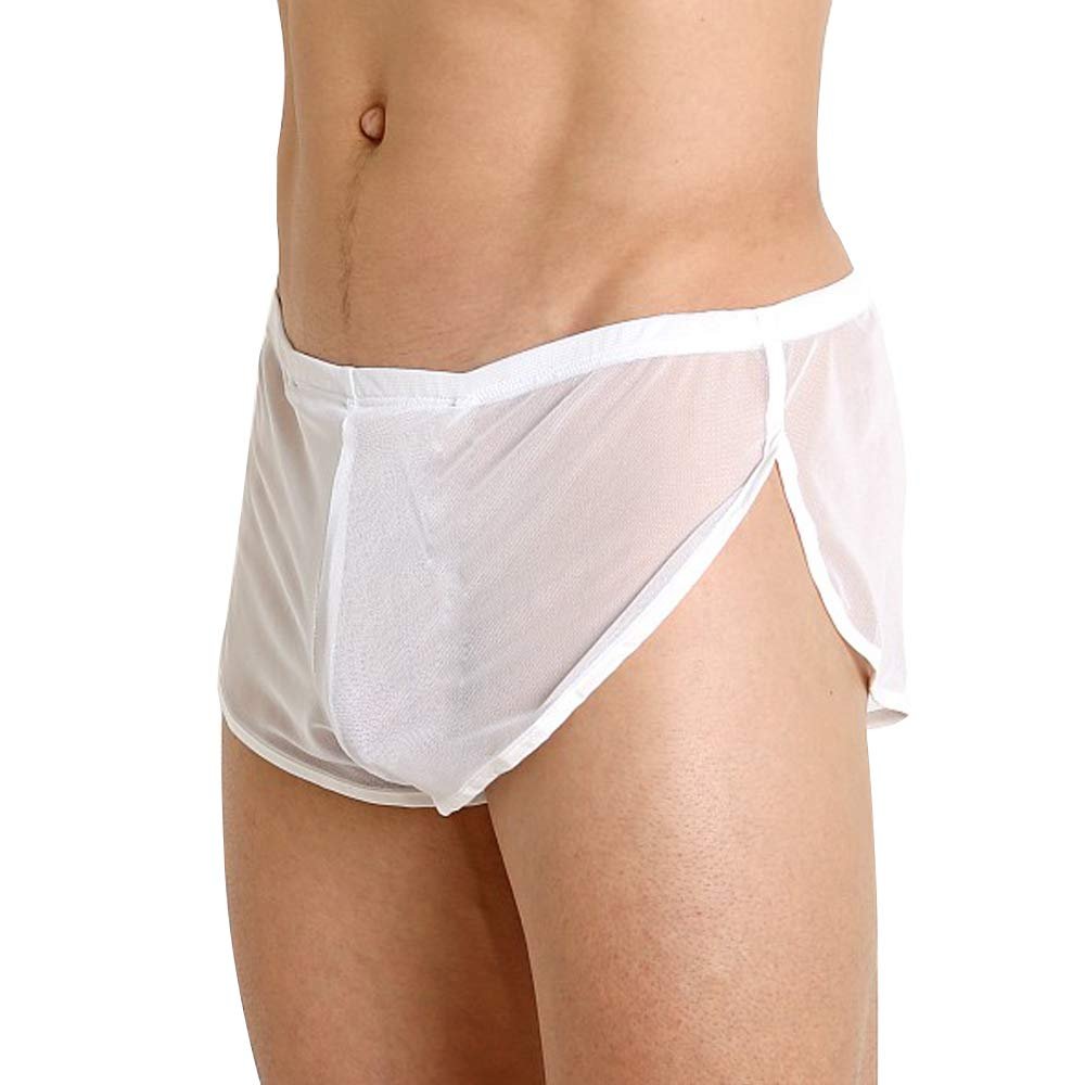 Mens Mesh Shorts See Through with Large Split Sides Sexy Sheer Boxers Underwear White L