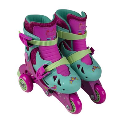PlayWheels Trolls Glitter Convertible 2-in-1 Skates Junior Size 6-9, Switch Between Tri-Wheel and Inline for Versatile Skating Fun, Adjustable Fit with Secure Straps and Comfortable Padding