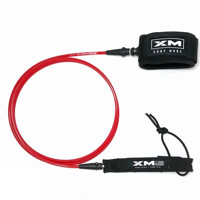 XM SURF MORE Premium Surfboard Leash, 6ft, Made in USA, Ultra Comp Cord Thickness (0.200in Thick), Key Pocket, Unbreakable Swivels, Detachable Railsaver, Red Leash, Black Strap