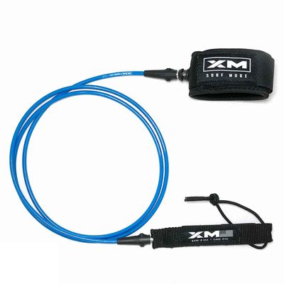 XM SURF MORE Premium Surfboard Leash, 6ft, Made in USA, Ultra Comp Cord Thickness (0.200in Thick), Key Pocket, Unbreakable Swivels, Detachable Railsaver, Blue Leash, Black Strap