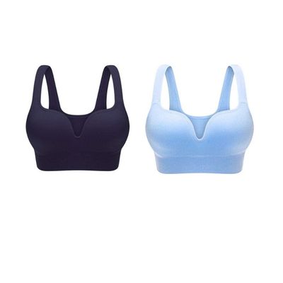 2 PCS Women's Aerobics Gym Dance Yoga Vest Sports Bra Top Vest Anti-Shock Bra Without Steel Ring Black + Cyan