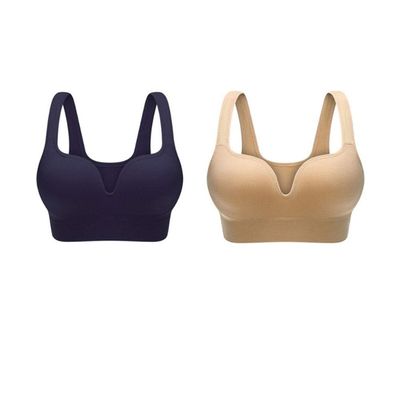 2 PCS Women's Aerobics Gym Dance Yoga Vest Sports Bra Top Vest Anti-Shock Bra Without Steel Ring Black + Apricot