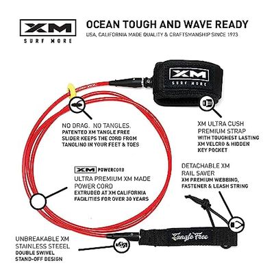XM SURF MORE Comp 7ft Surfboard Leash with Tangle Free Upgrade, Cord Thickness (.220in), Key Pocket, Unbreakable Swivels, Detachable Railsaver, Made in USA